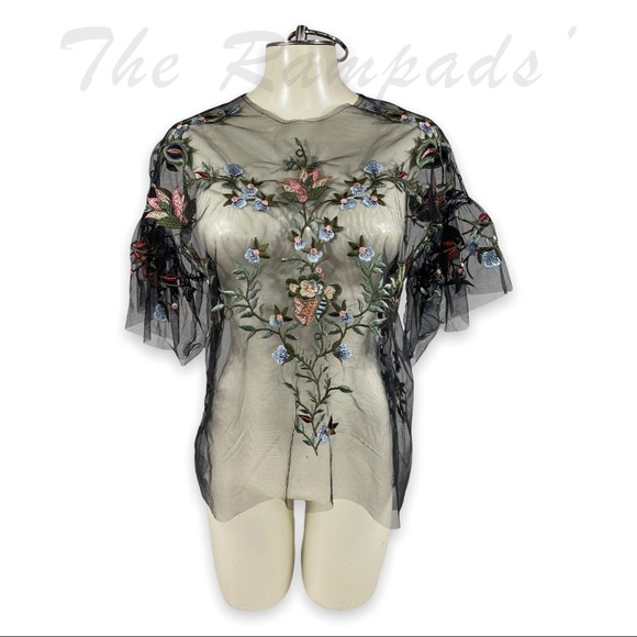 Zara Black Black Sheer Mesh Floral Design Blouse Size Small - Picture 1 of 6